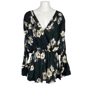 Free People | Tuscan Dreams Boho Floral Print Black Tunic Top Size Medium